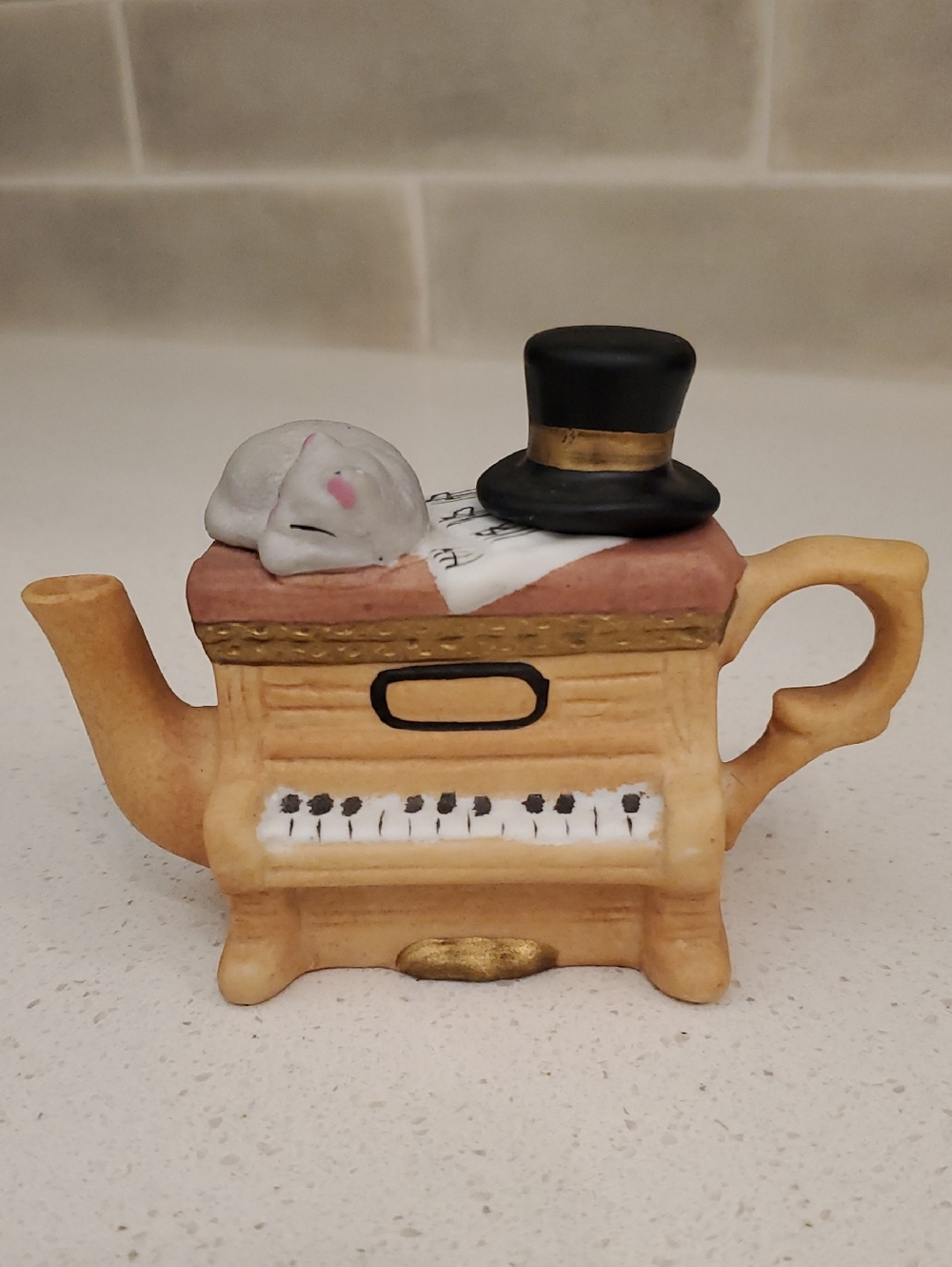 Vintage Miniature Ceramic Piano Teapot with Sleeping Cat and Top Hat